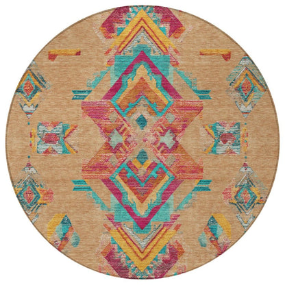 8' Copper And Ivory Round Tribal Washable Indoor Outdoor Area Rug HomeRoots