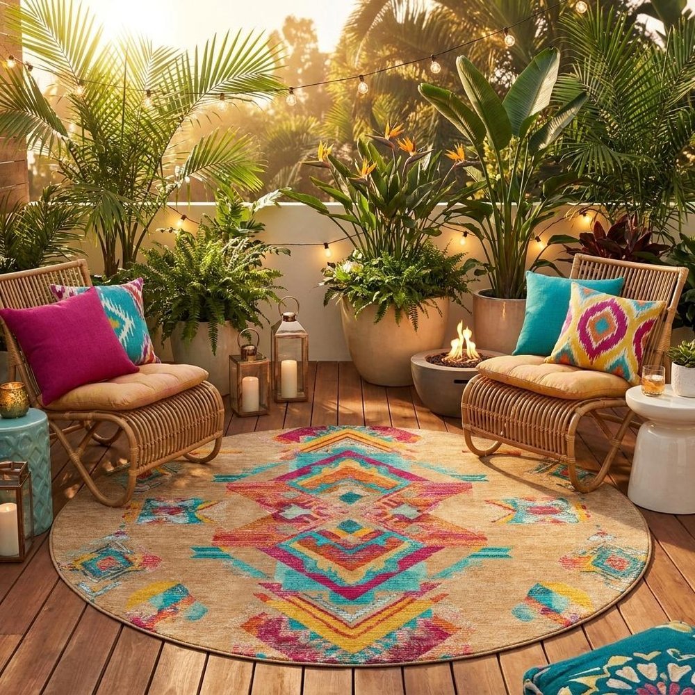 8' Copper And Ivory Round Tribal Washable Indoor Outdoor Area Rug HomeRoots