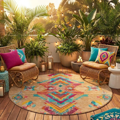 8' Copper And Ivory Round Tribal Washable Indoor Outdoor Area Rug HomeRoots