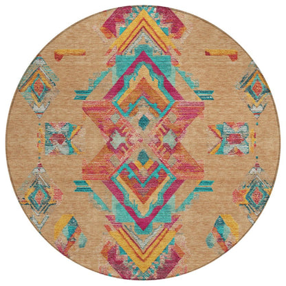 8' Copper And Ivory Round Tribal Washable Indoor Outdoor Area Rug HomeRoots