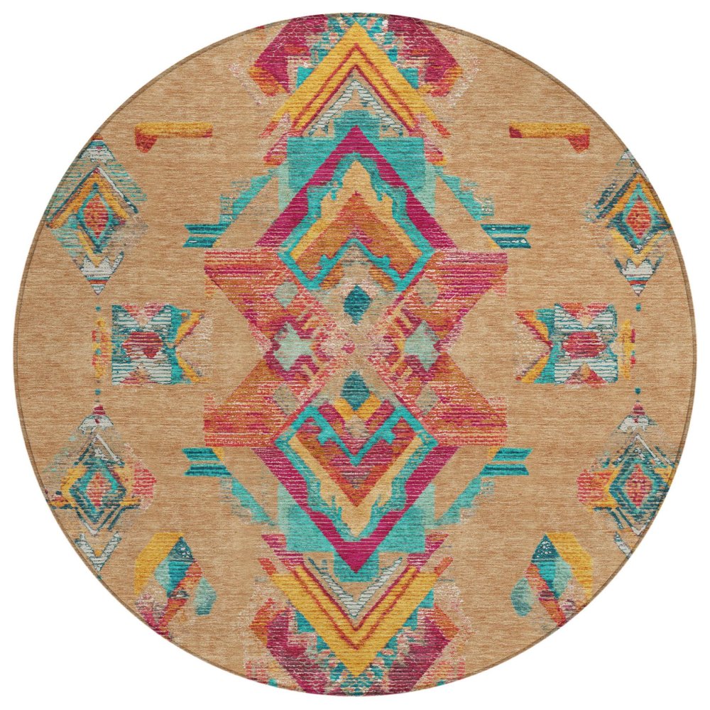 8' Copper And Ivory Round Tribal Washable Indoor Outdoor Area Rug HomeRoots