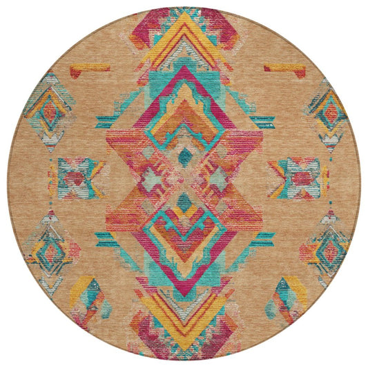 8' Copper And Ivory Round Tribal Washable Indoor Outdoor Area Rug