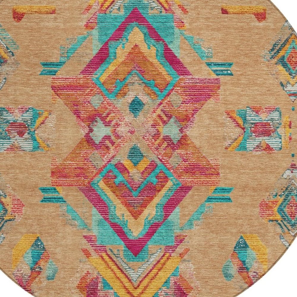 8' Copper And Ivory Round Tribal Washable Indoor Outdoor Area Rug — view 12