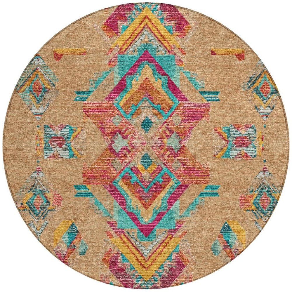 8' Copper And Ivory Round Tribal Washable Indoor Outdoor Area Rug HomeRoots