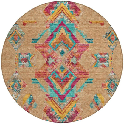 8' Copper And Ivory Round Tribal Washable Indoor Outdoor Area Rug HomeRoots