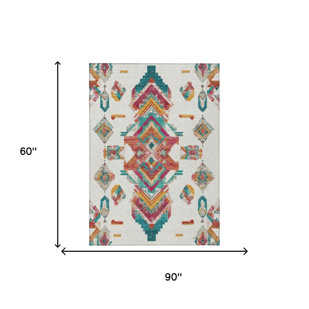 5' X 8' Ivory And Coral Tribal Washable Indoor Outdoor Area Rug — view 6