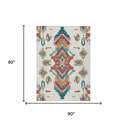 5' X 8' Ivory And Coral Tribal Washable Indoor Outdoor Area Rug HomeRoots