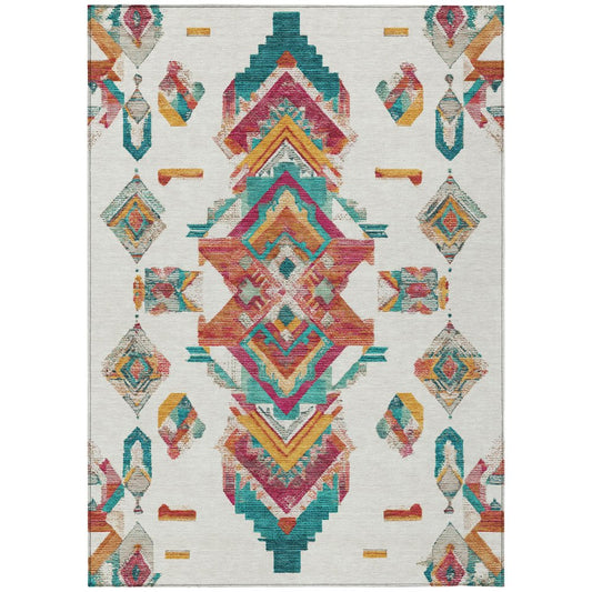 5' X 8' Ivory And Coral Tribal Washable Indoor Outdoor Area Rug