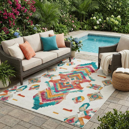 5' X 8' Ivory And Coral Tribal Washable Indoor Outdoor Area Rug HomeRoots