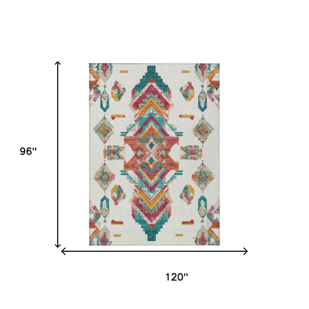 8' X 10' Ivory And Coral Tribal Washable Indoor Outdoor Area Rug HomeRoots