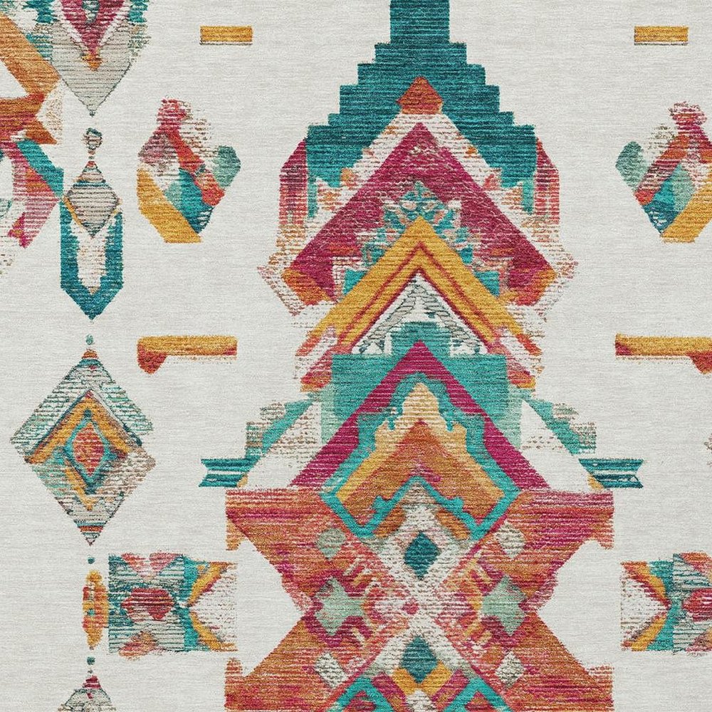 9' X 12' Ivory And Coral Tribal Washable Indoor Outdoor Area Rug
