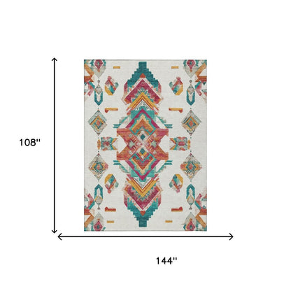 9' X 12' Ivory And Coral Tribal Washable Indoor Outdoor Area Rug HomeRoots
