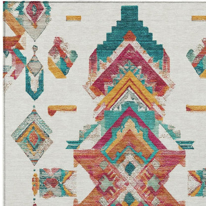 9' X 12' Ivory And Coral Tribal Washable Indoor Outdoor Area Rug