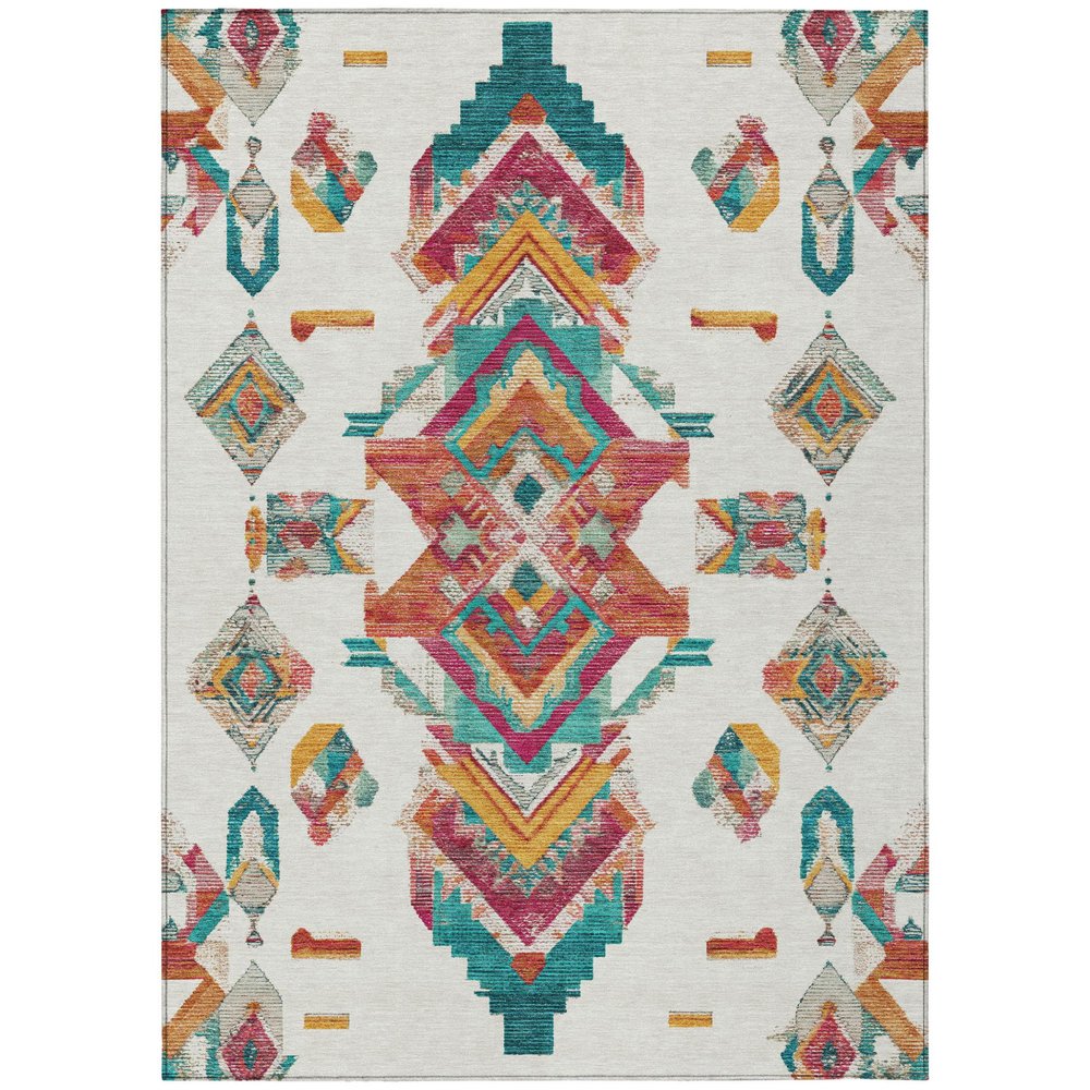 9' X 12' Ivory And Coral Tribal Washable Indoor Outdoor Area Rug