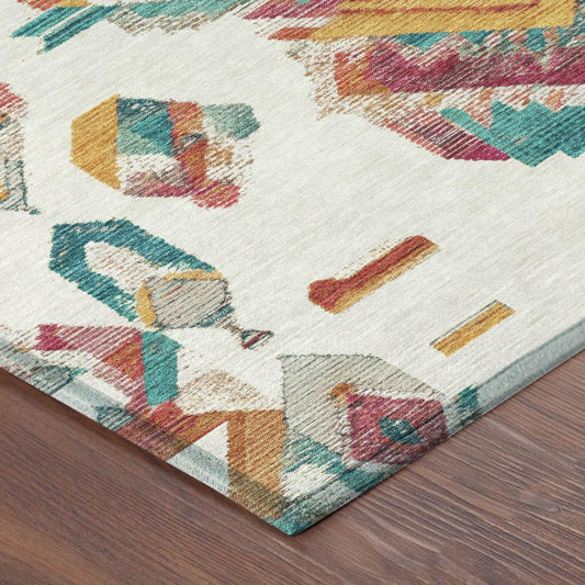 9' X 12' Ivory And Coral Tribal Washable Indoor Outdoor Area Rug
