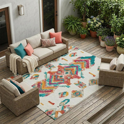 9' X 12' Ivory And Coral Tribal Washable Indoor Outdoor Area Rug HomeRoots