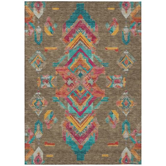 8' X 10' Brown And Ivory Tribal Washable Indoor Outdoor Area Rug