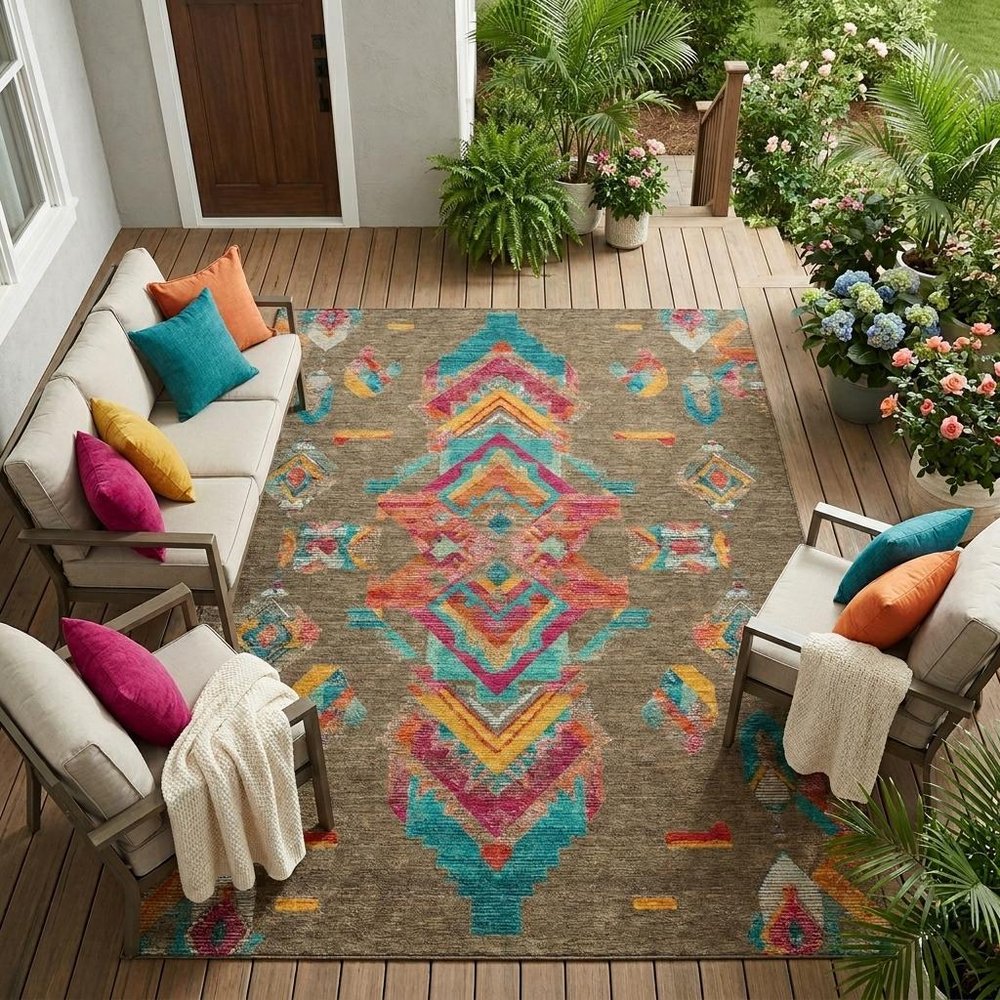 8' X 10' Brown And Ivory Tribal Washable Indoor Outdoor Area Rug — view 7