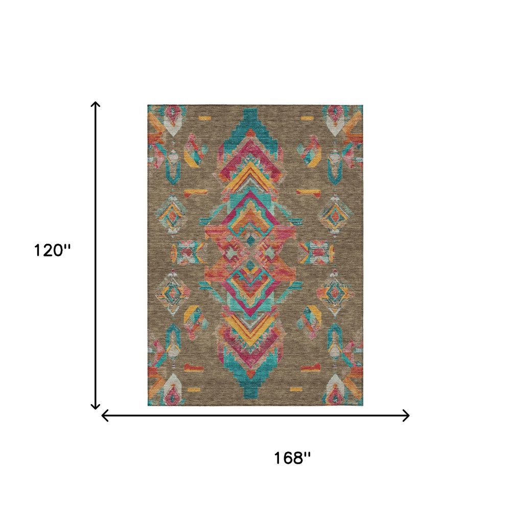 10' X 14' Brown And Ivory Tribal Washable Indoor Outdoor Area Rug HomeRoots