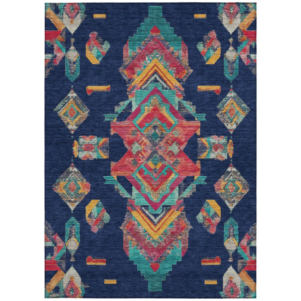 3' X 5' Navy Blue And Green Tribal Washable Indoor Outdoor Area Rug — view 5