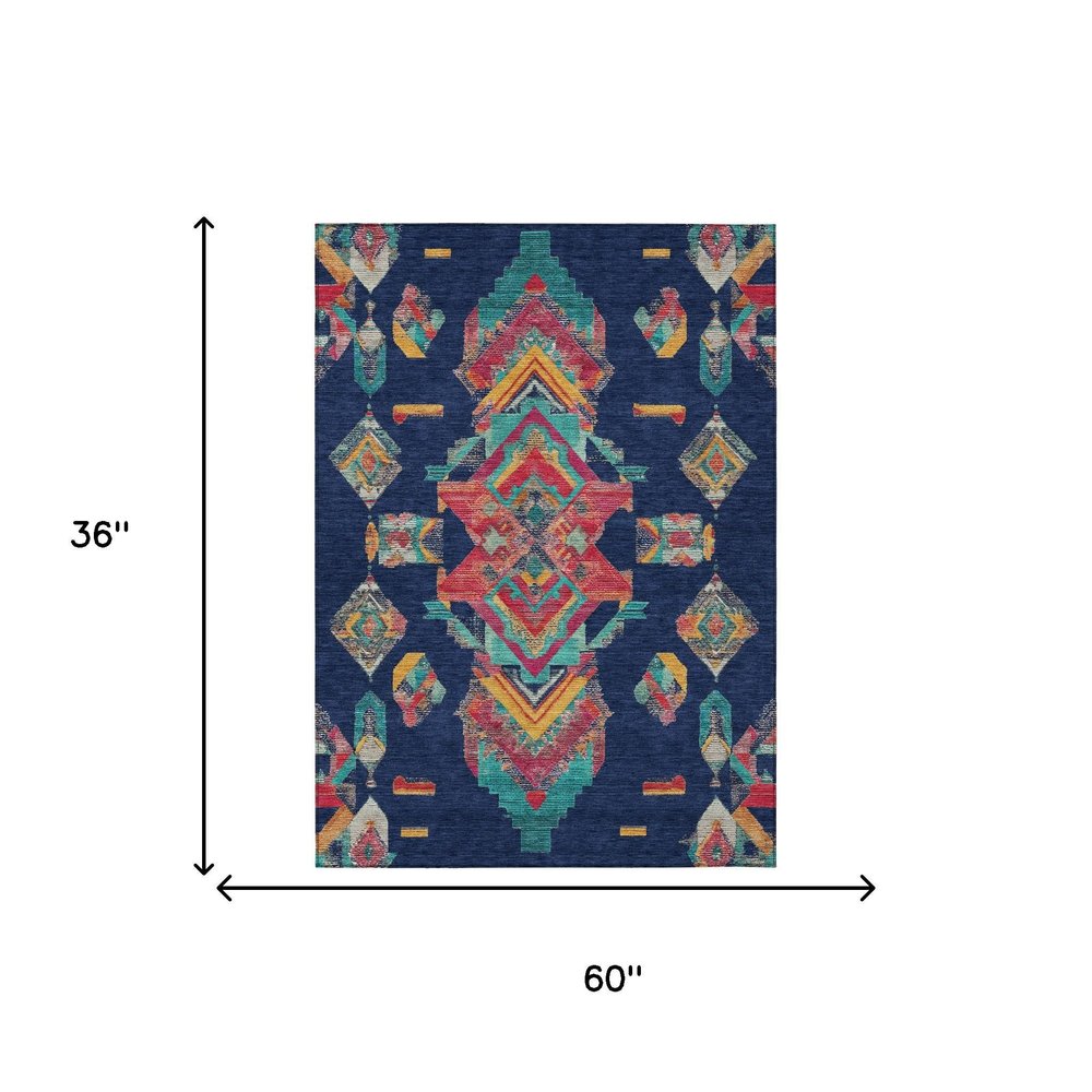 3' X 5' Navy Blue And Green Tribal Washable Indoor Outdoor Area Rug HomeRoots