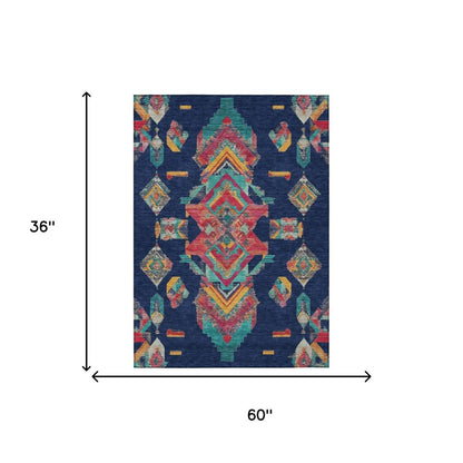 3' X 5' Navy Blue And Green Tribal Washable Indoor Outdoor Area Rug HomeRoots