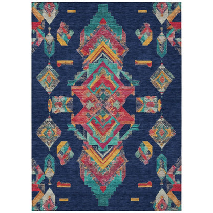 3' X 5' Navy Blue And Green Tribal Washable Indoor Outdoor Area Rug HomeRoots