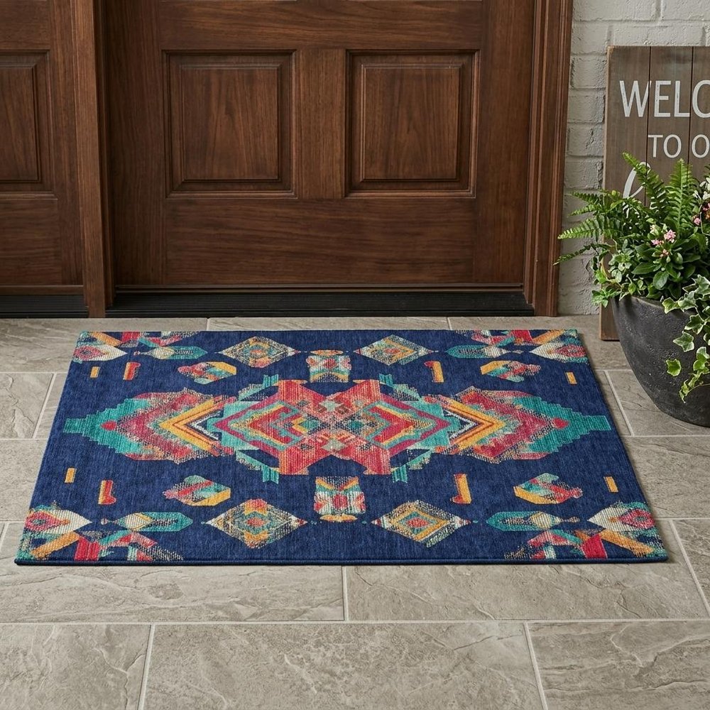 3' X 5' Navy Blue And Green Tribal Washable Indoor Outdoor Area Rug HomeRoots
