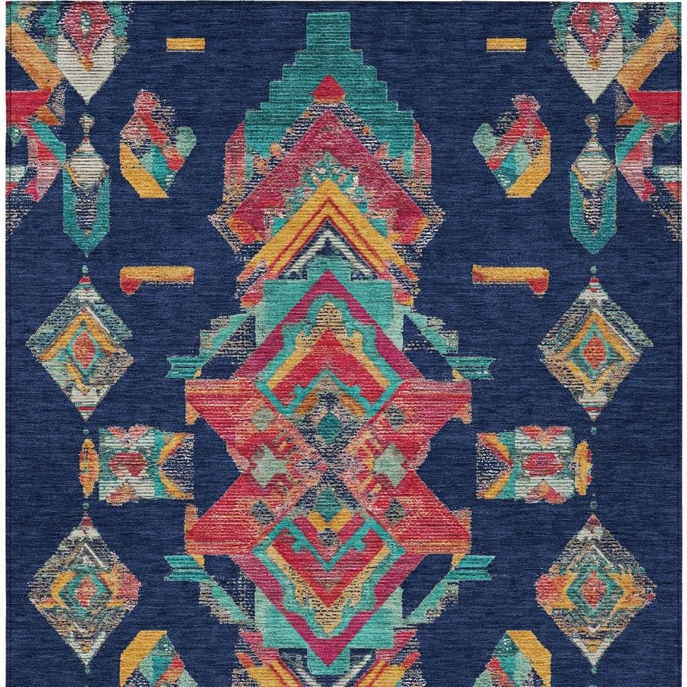 8' X 10' Navy Blue And Green Tribal Washable Indoor Outdoor Area Rug — view 5