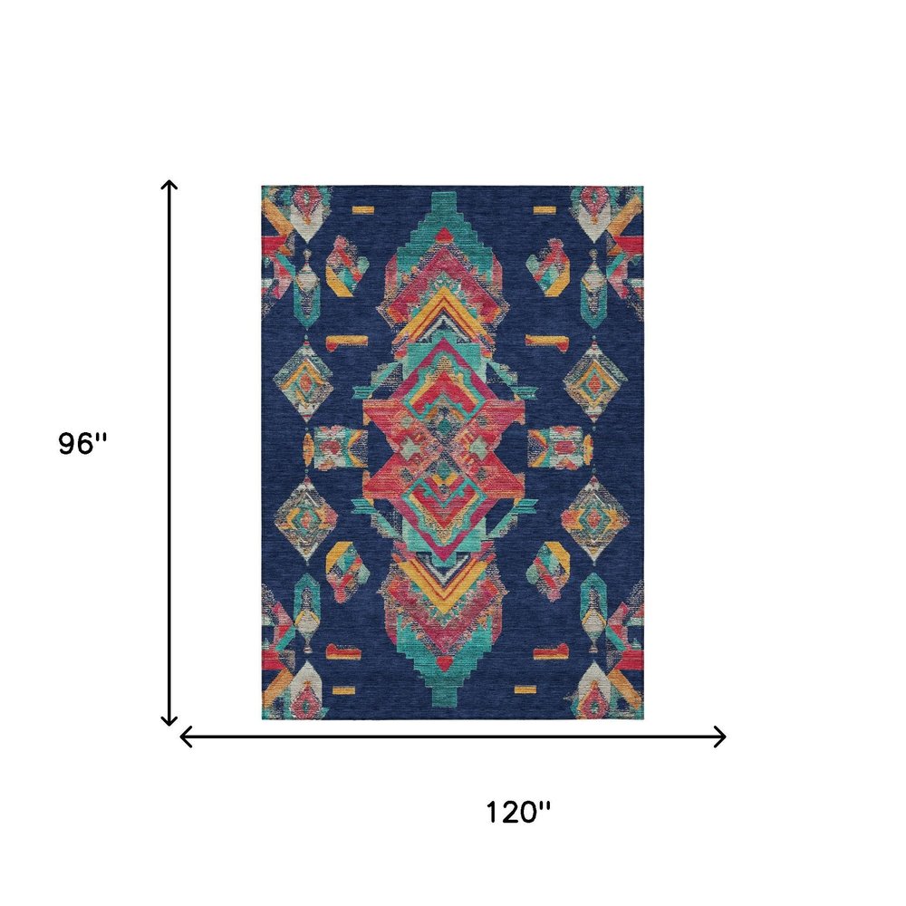 8' X 10' Navy Blue And Green Tribal Washable Indoor Outdoor Area Rug HomeRoots