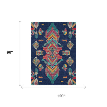 8' X 10' Navy Blue And Green Tribal Washable Indoor Outdoor Area Rug HomeRoots