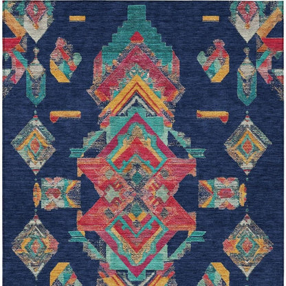 8' X 10' Navy Blue And Green Tribal Washable Indoor Outdoor Area Rug