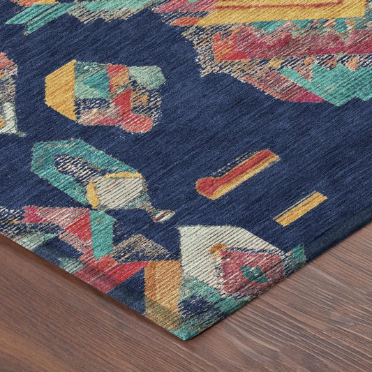 8' X 10' Navy Blue And Green Tribal Washable Indoor Outdoor Area Rug