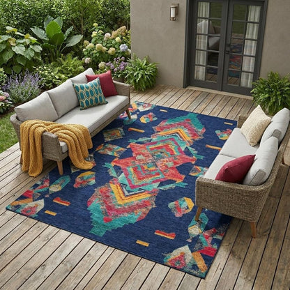8' X 10' Navy Blue And Green Tribal Washable Indoor Outdoor Area Rug HomeRoots