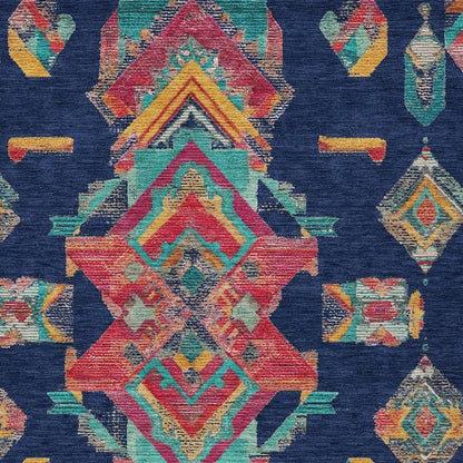9' X 12' Navy Blue And Green Tribal Washable Indoor Outdoor Area Rug