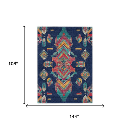 9' X 12' Navy Blue And Green Tribal Washable Indoor Outdoor Area Rug HomeRoots