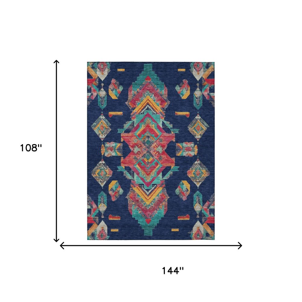 9' X 12' Navy Blue And Green Tribal Washable Indoor Outdoor Area Rug — view 14