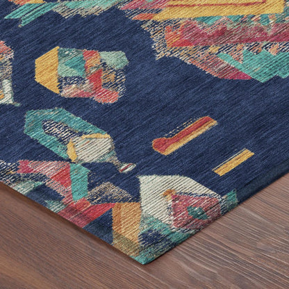 9' X 12' Navy Blue And Green Tribal Washable Indoor Outdoor Area Rug