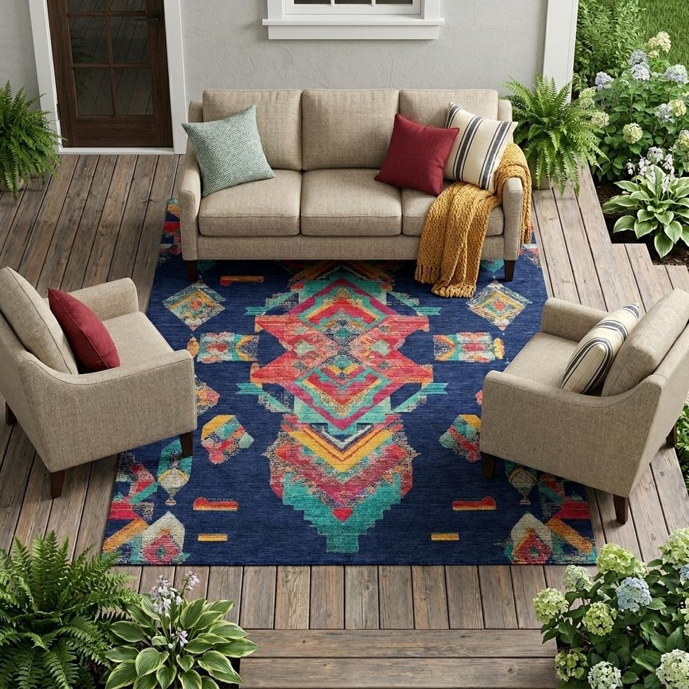 9' X 12' Navy Blue And Green Tribal Washable Indoor Outdoor Area Rug