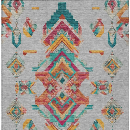 3' X 5' Silver And Ivory Tribal Washable Indoor Outdoor Area Rug