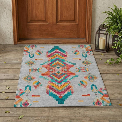 3' X 5' Silver And Ivory Tribal Washable Indoor Outdoor Area Rug HomeRoots