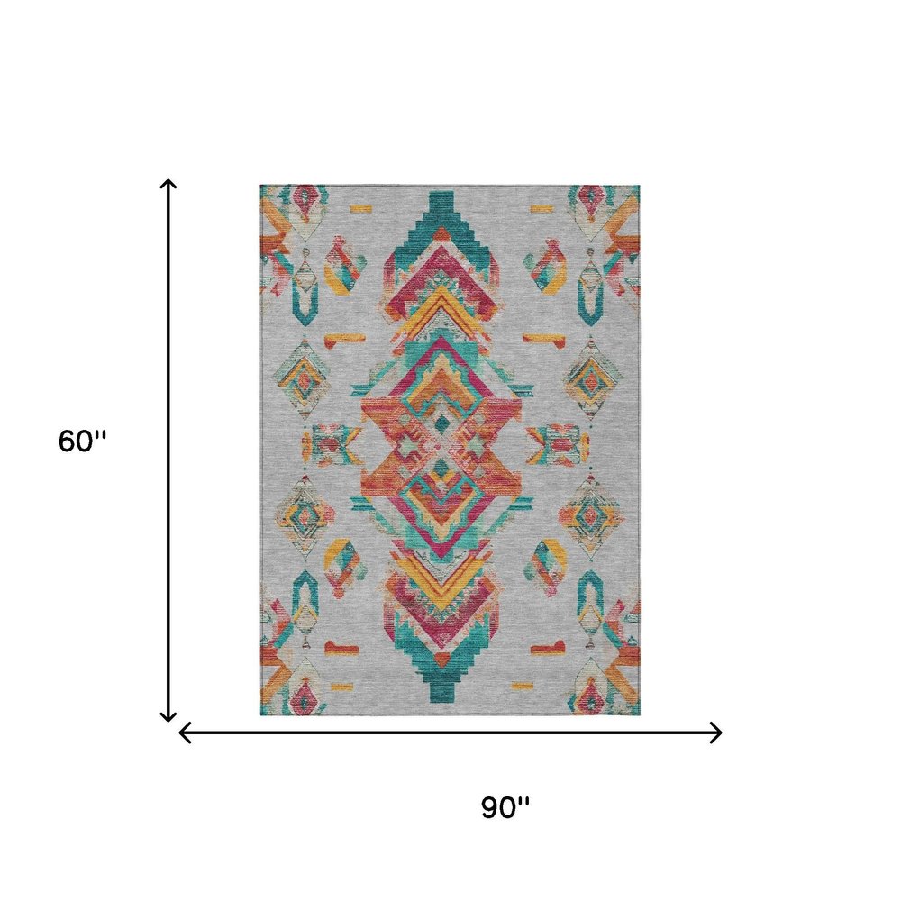 5' X 8' Silver And Ivory Tribal Washable Indoor Outdoor Area Rug — view 6