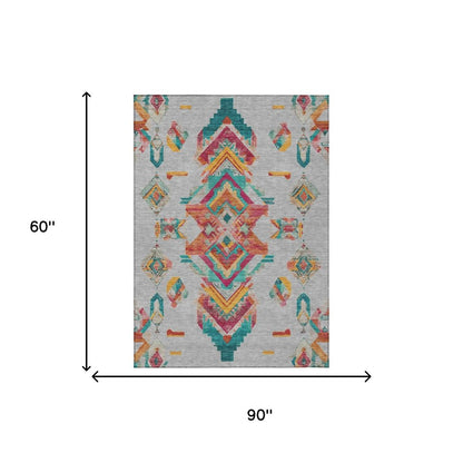 5' X 8' Silver And Ivory Tribal Washable Indoor Outdoor Area Rug HomeRoots
