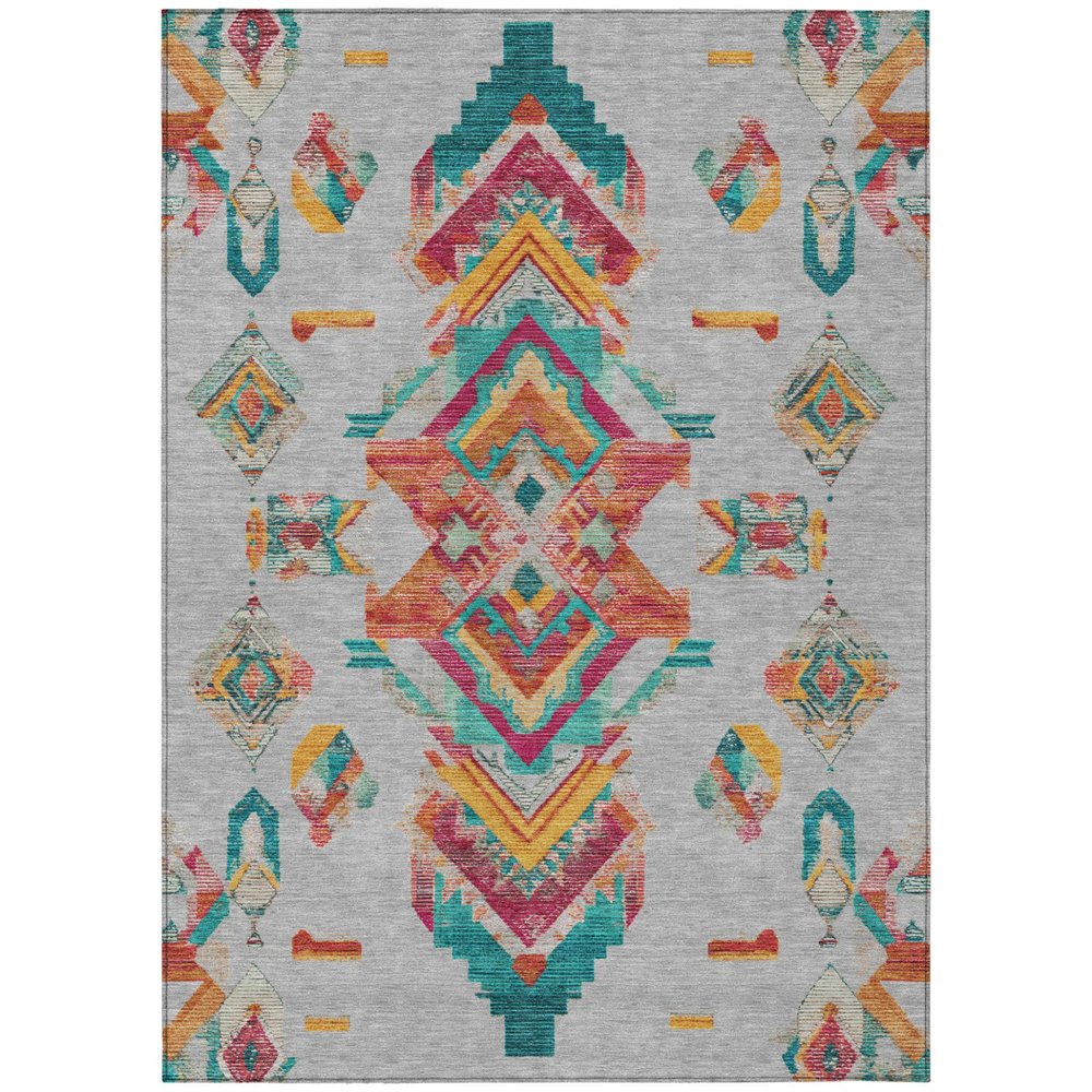 5' X 8' Silver And Ivory Tribal Washable Indoor Outdoor Area Rug — view 1