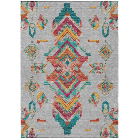 5' X 8' Silver And Ivory Tribal Washable Indoor Outdoor Area Rug