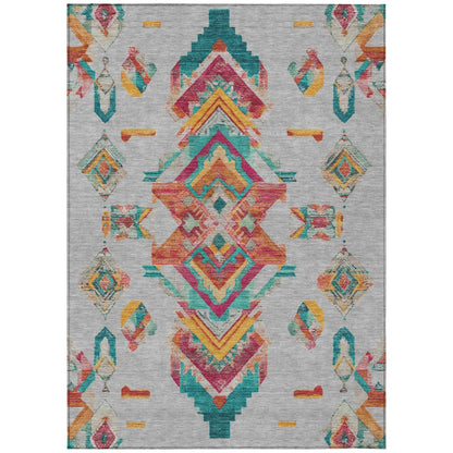 5' X 8' Silver And Ivory Tribal Washable Indoor Outdoor Area Rug