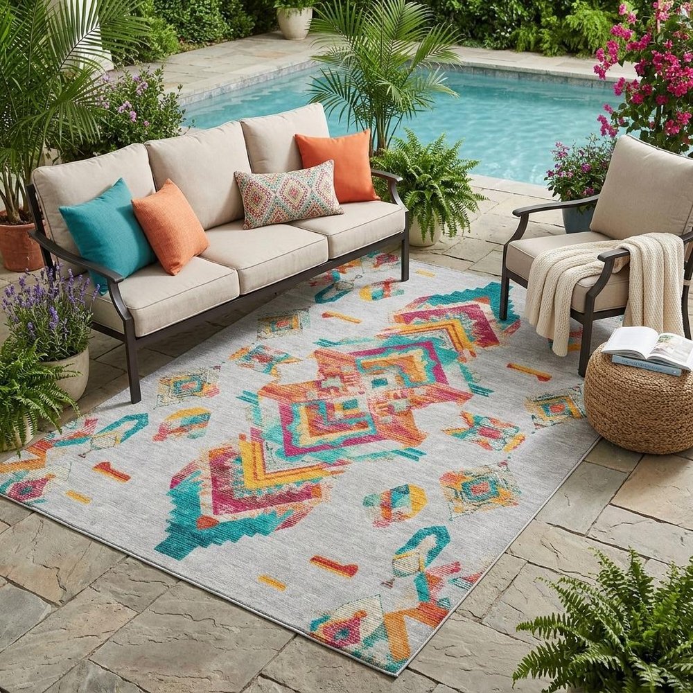 5' X 8' Silver And Ivory Tribal Washable Indoor Outdoor Area Rug — view 7