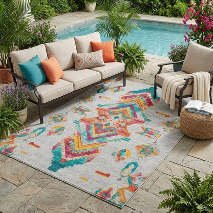 5' X 8' Silver And Ivory Tribal Washable Indoor Outdoor Area Rug HomeRoots