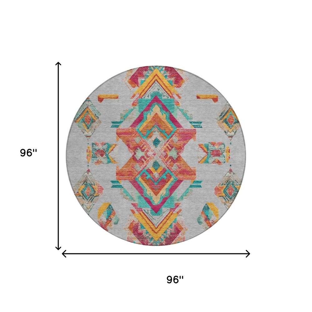 8' Silver And Ivory Round Tribal Washable Indoor Outdoor Area Rug — view 6
