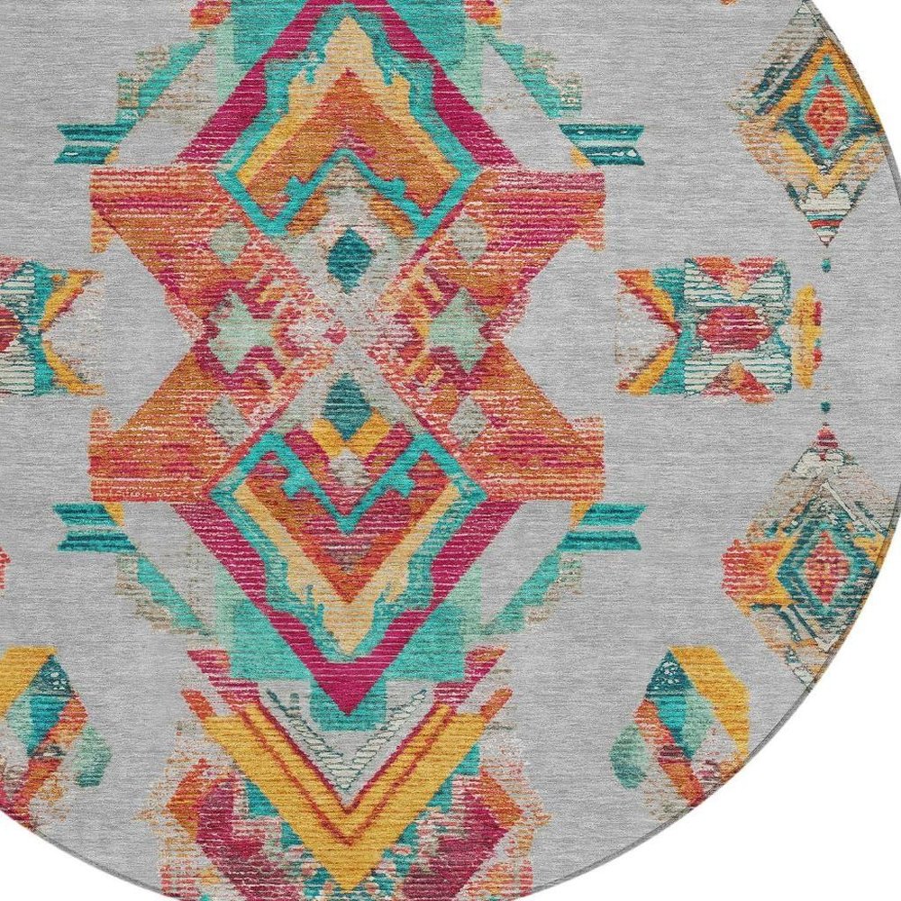 8' Silver And Ivory Round Tribal Washable Indoor Outdoor Area Rug — view 7